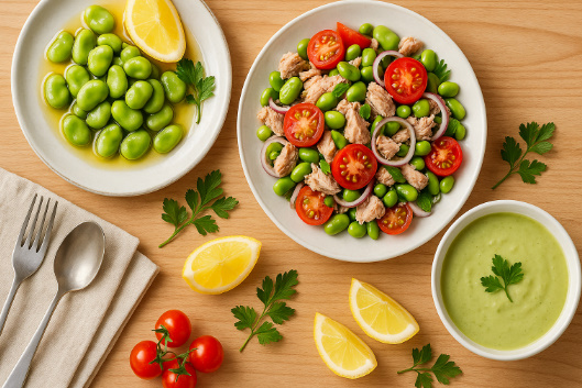 そら豆のオリーブオイルマリネ、ツナとトマトのレモンサラダ、そら豆のポタージュスープの3品を木のテーブルに並べた俯瞰写真